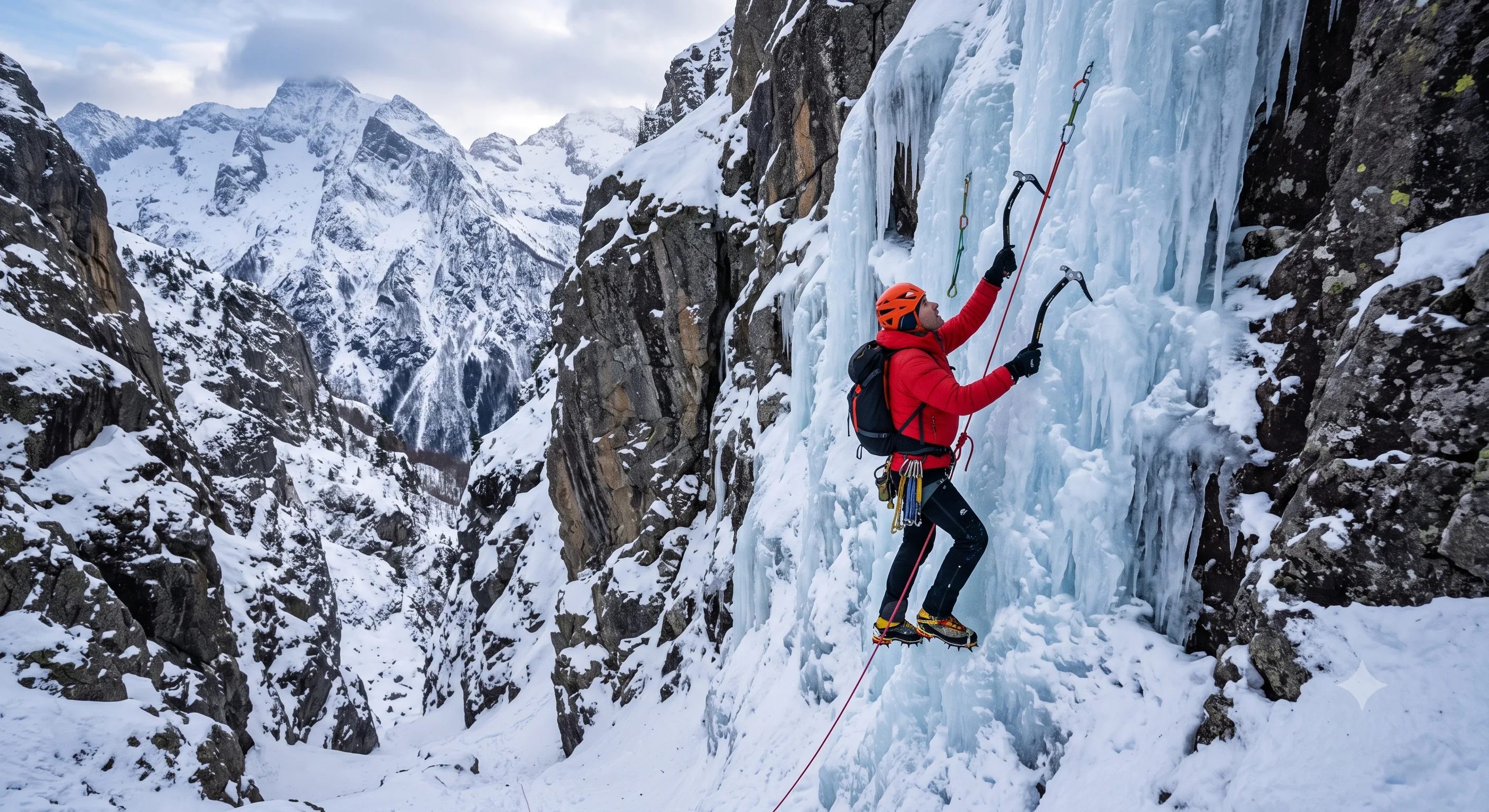 Alpiniste équipé de piolets grimpant une cascade de glace dans un couloir rocheux enneigé des Pyrénées