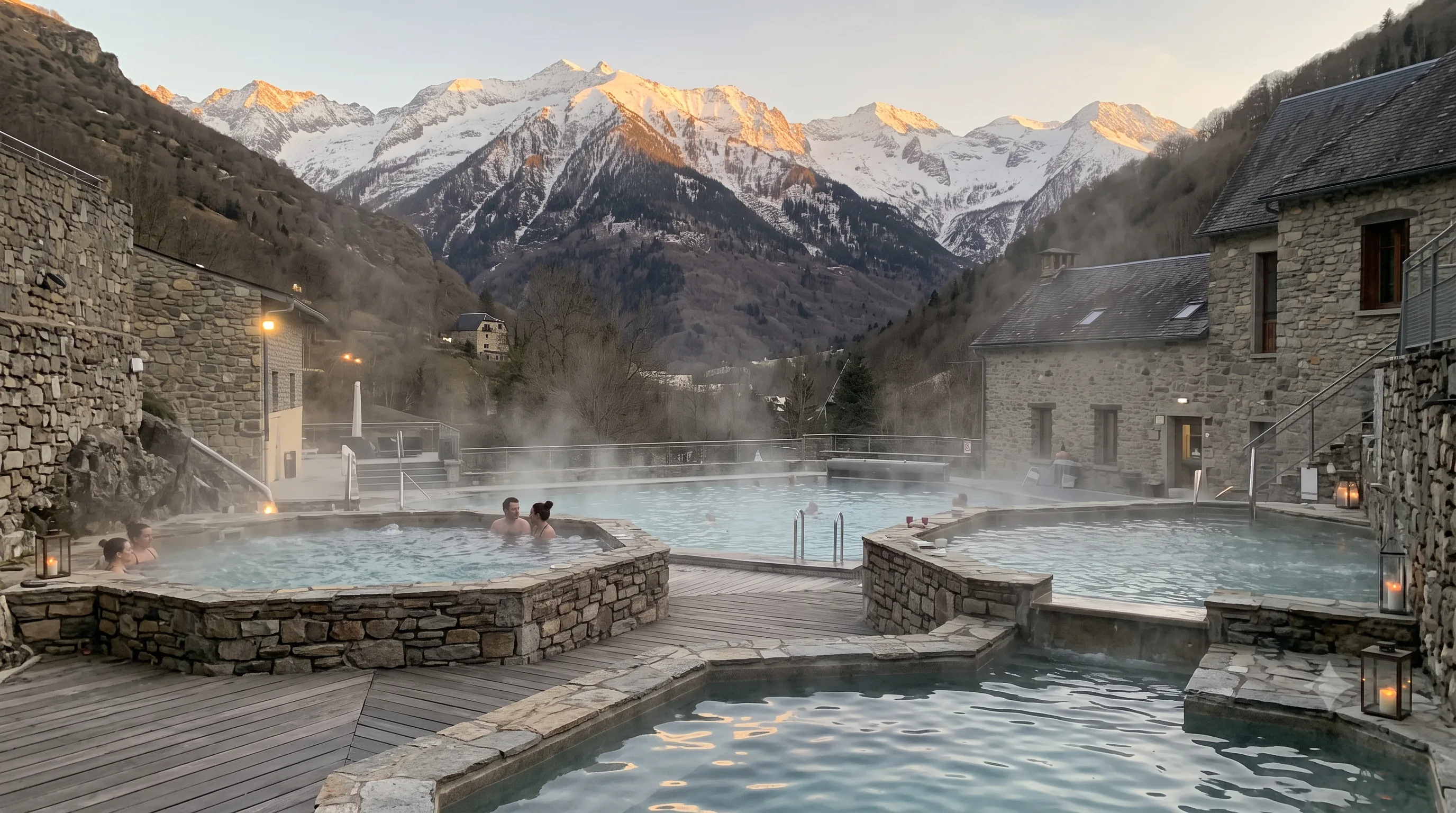 Bassins thermaux extérieurs en pierre avec vapeur s'élevant vers les sommets enneigés des Pyrénées, au crépuscule