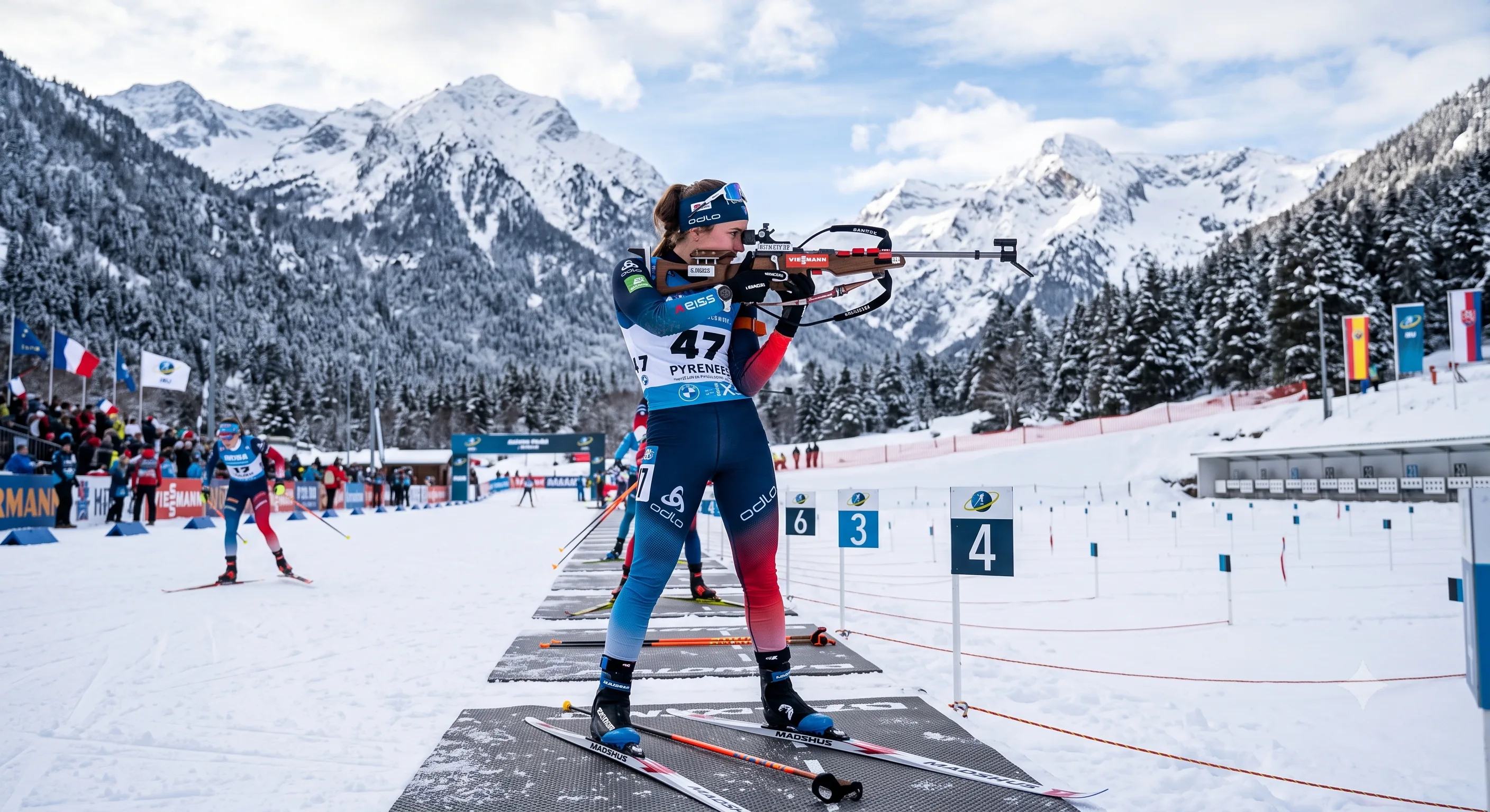 Biathlète visant au tir debout lors d'une compétition à Font-Romeu, sommets enneigés des Pyrénées en arrière-plan