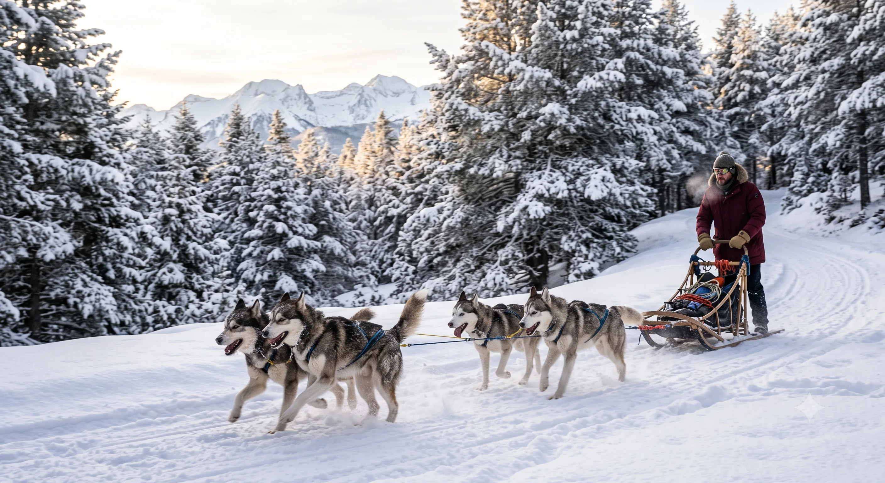 Attelage de quatre huskies tirant un traîneau à travers une forêt de pins enneigée des Pyrénées, lumière du matin
