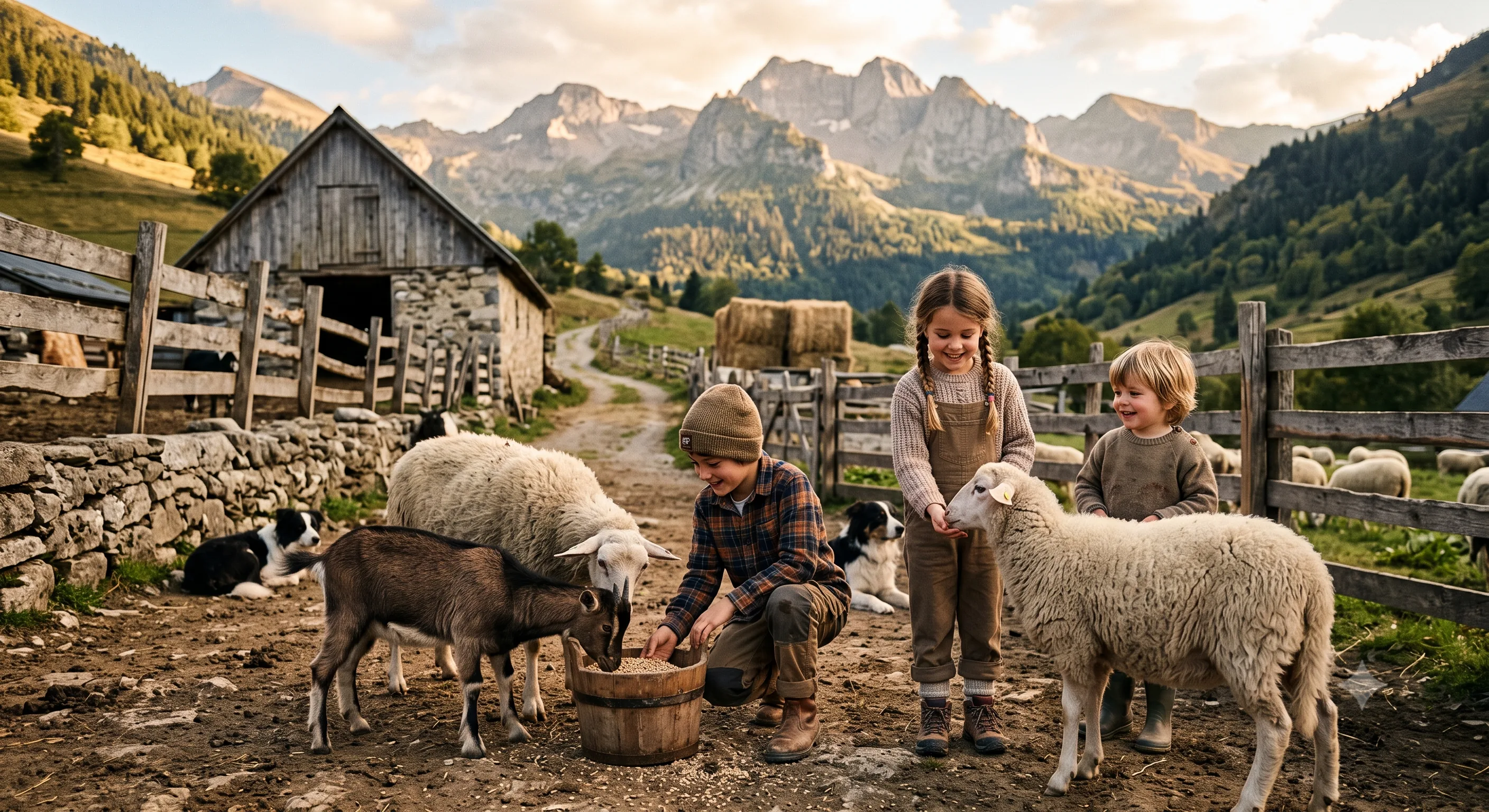 Enfants nourrissant des moutons et une chèvre à la ferme pédagogique du Rialet, ferme de montagne en arrière-plan