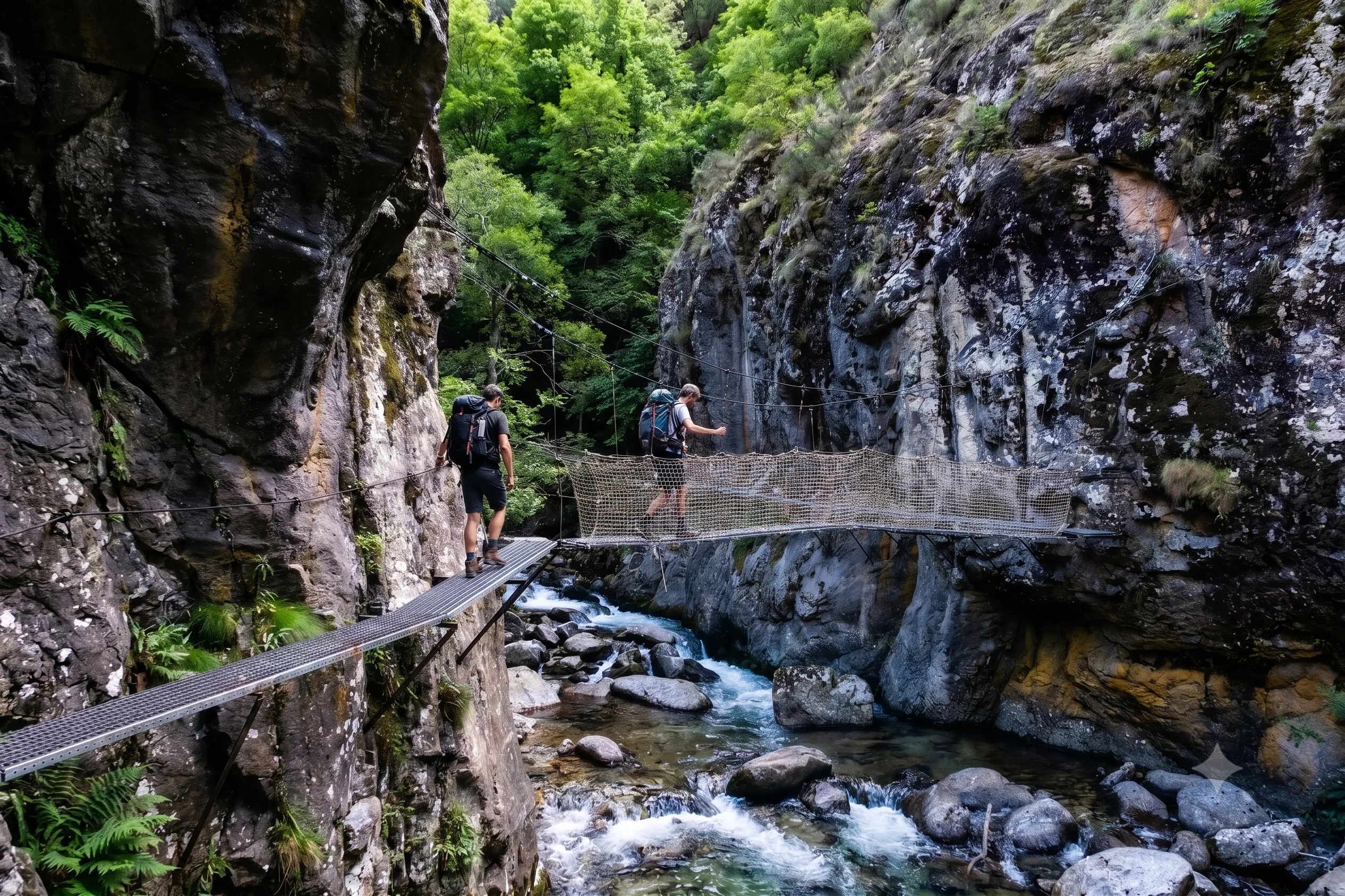 Randonneurs traversant un pont suspendu au-dessus des gorges de la Carança, torrent en contrebas, falaises et végétation luxuriante