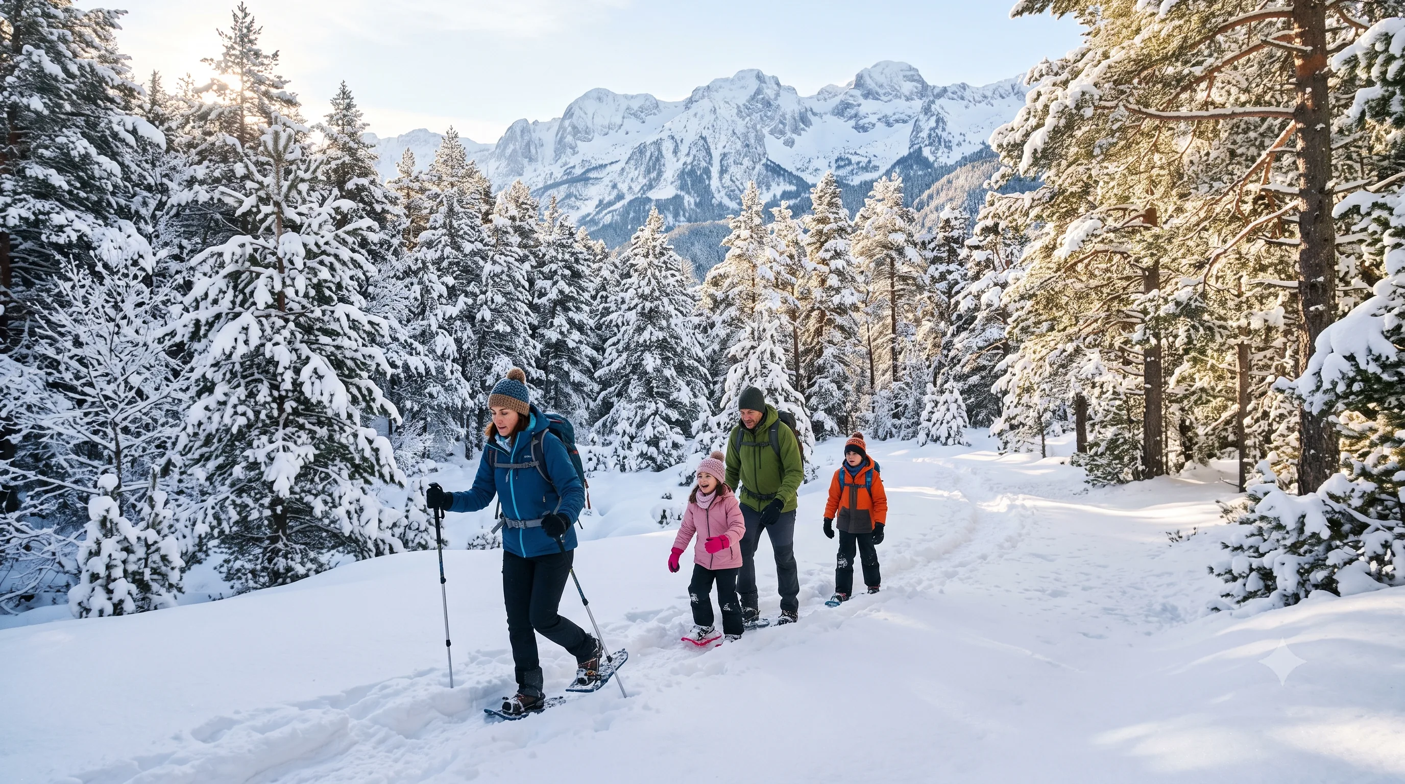 Famille en raquettes à neige sur un sentier forestier enneigé des Pyrénées, sommets enneigés en arrière-plan