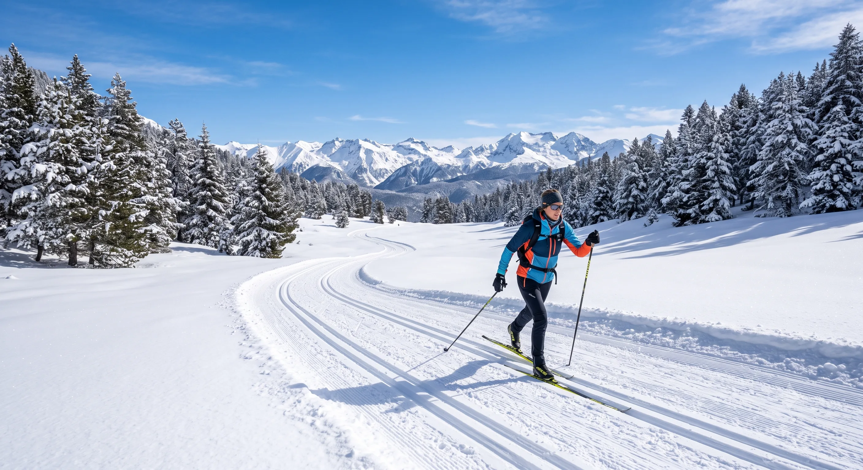 Skieuse de fond sur une piste damée traversant un plateau enneigé des Pyrénées, forêt de sapins en arrière-plan