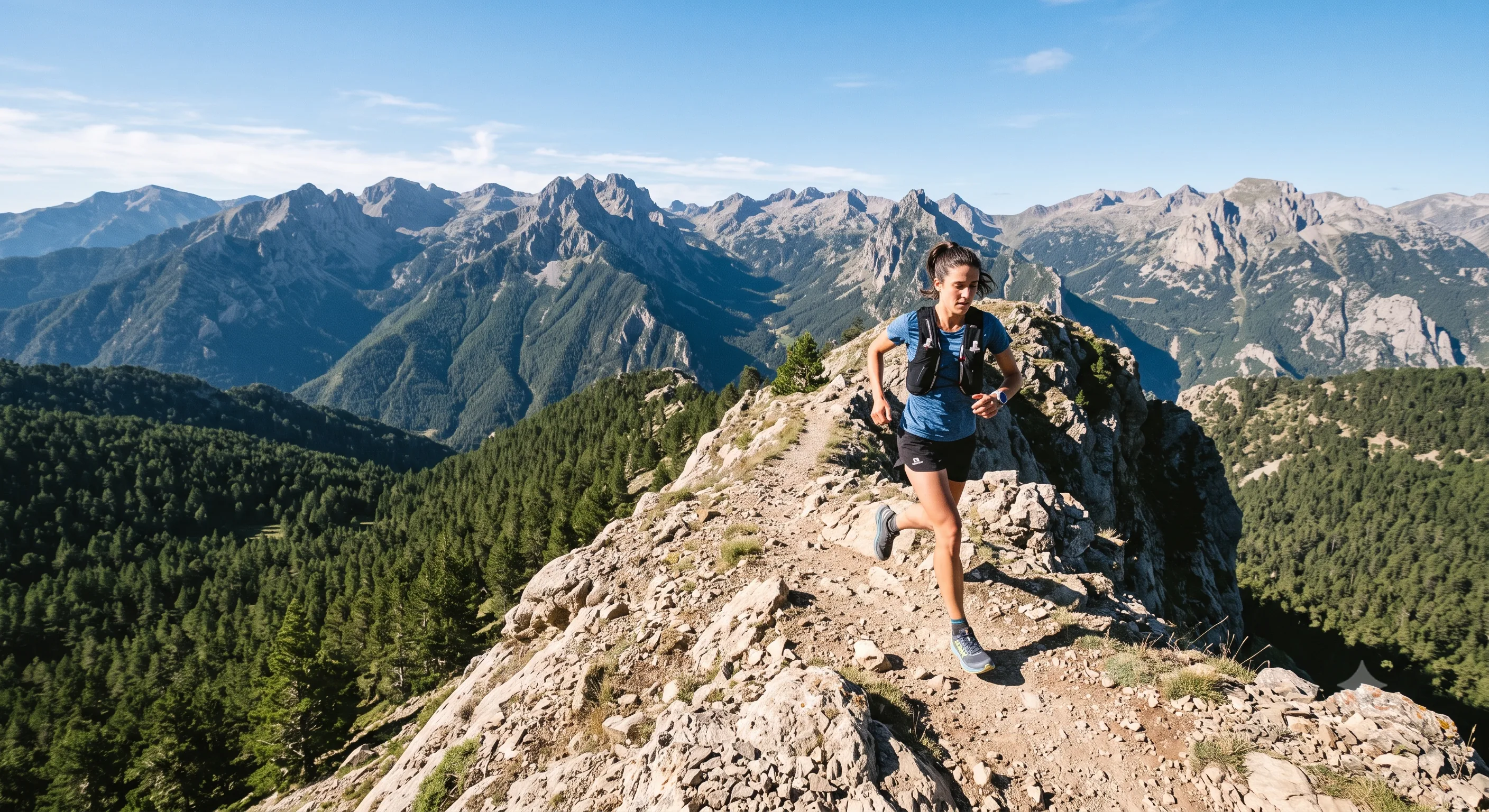 Traileuse courant sur une crête rocheuse des Pyrénées catalanes, forêt de pins et sommets en arrière-plan