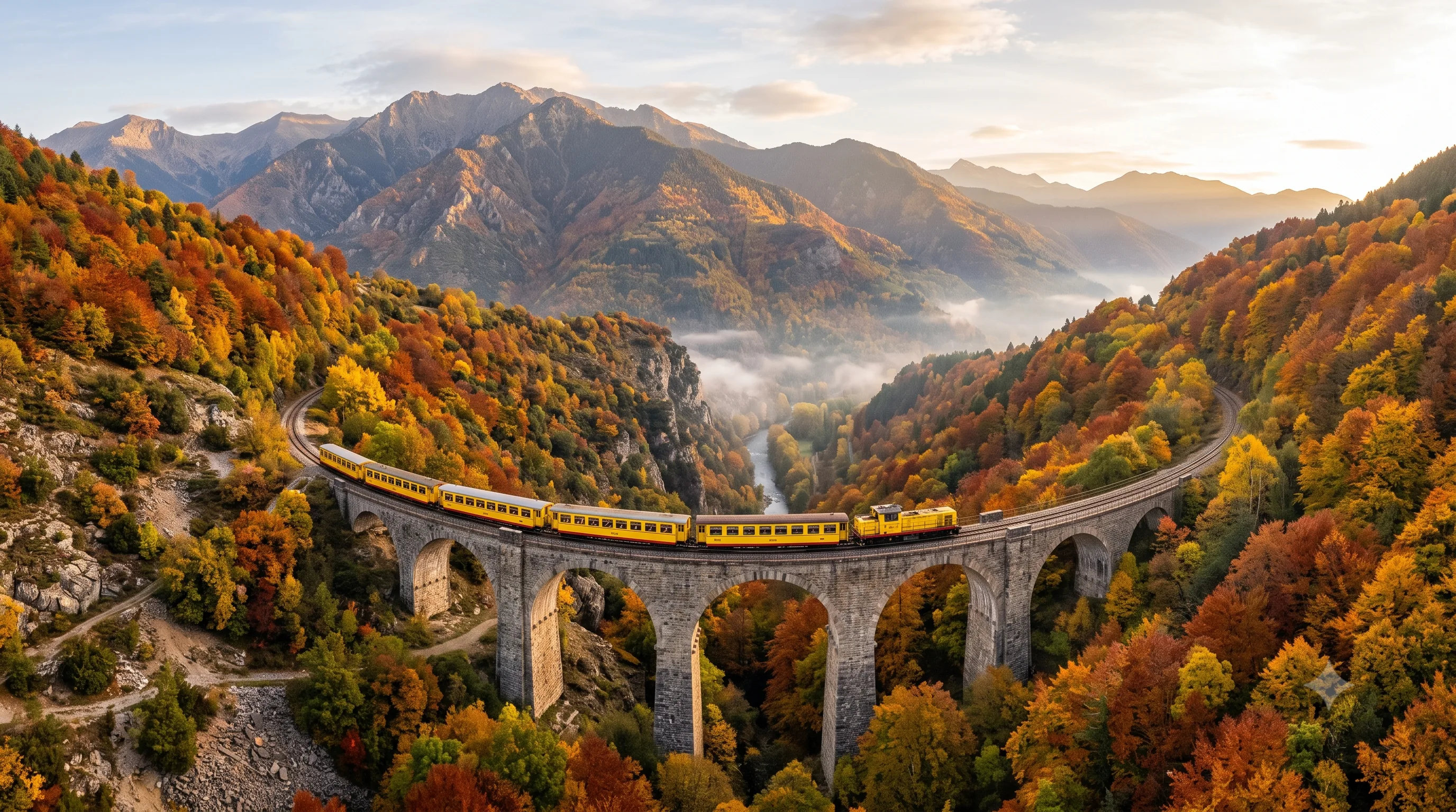 Le Train Jaune traversant un viaduc en pierre au-dessus d'une vallée boisée aux couleurs d'automne, Pyrénées catalanes