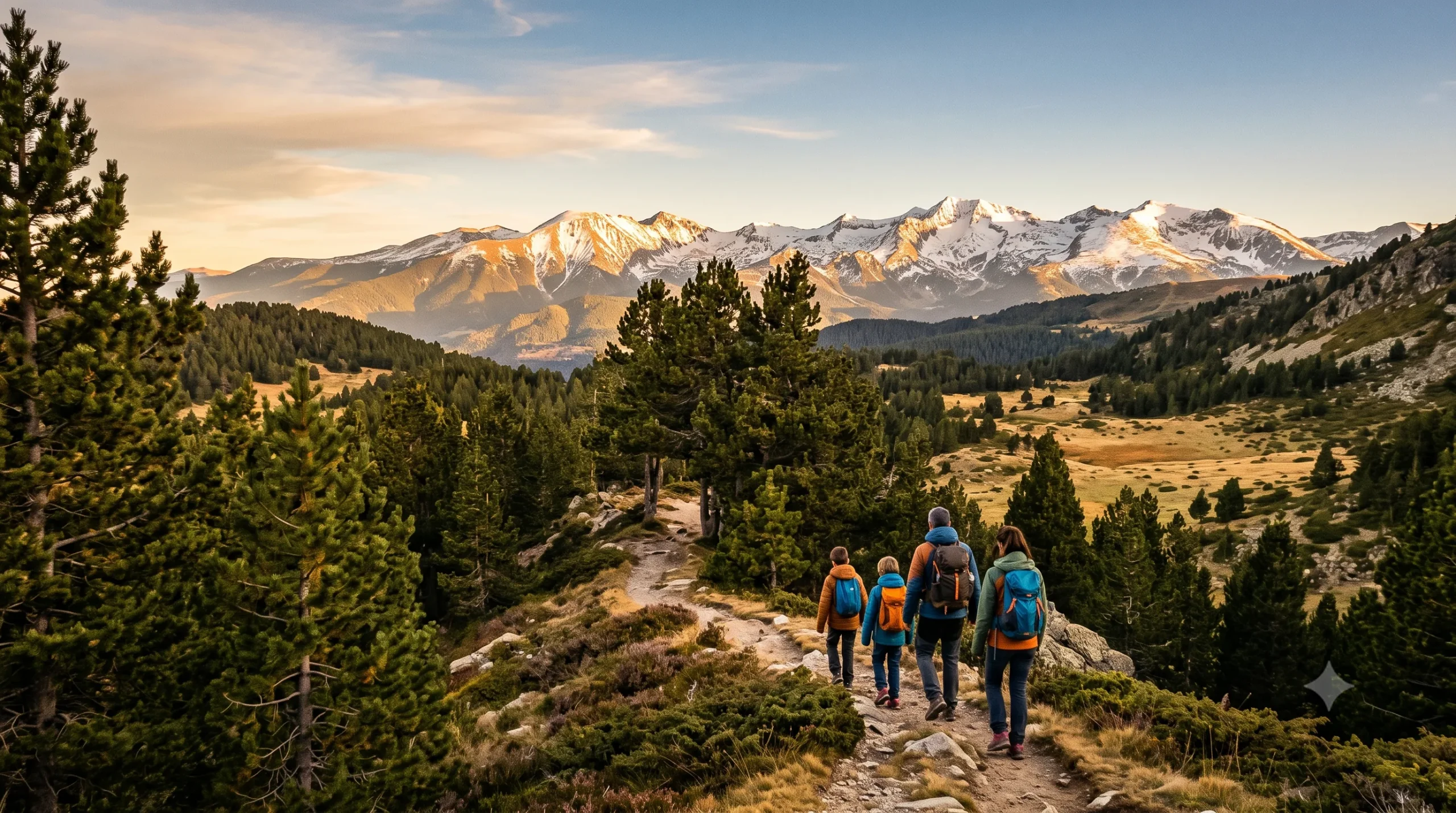 Famille avec enfants en randonnée sur un sentier des Pyrénées catalanes, forêts de pins et sommets enneigés en arrière-plan